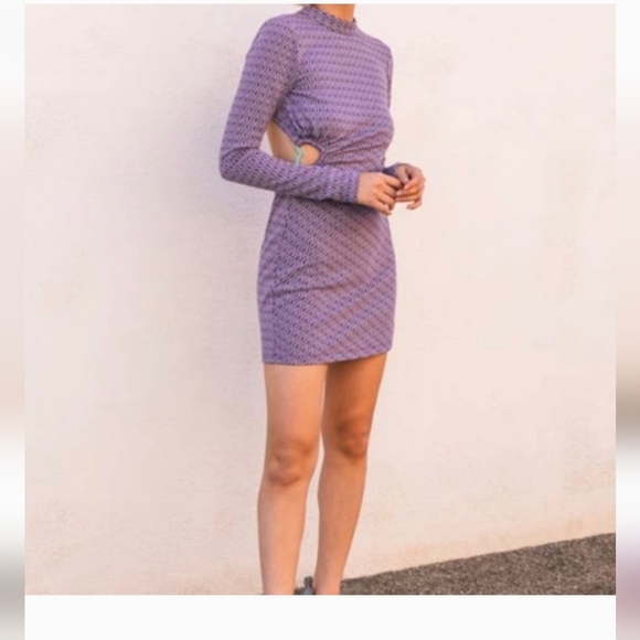 🌞ZARA Jaquard Long Sleeve Cut-out Open Back Mini Dress Purple Retro Geometric - Picture 6 of 14